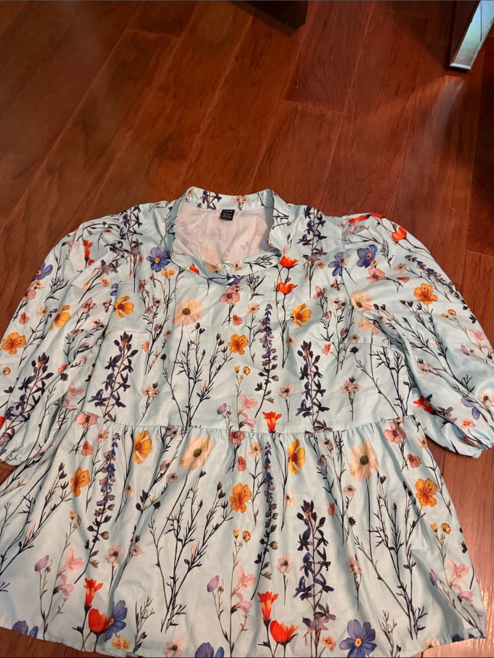 SHEIN Pale Blue Floral Peplum Puff Sleeve Top